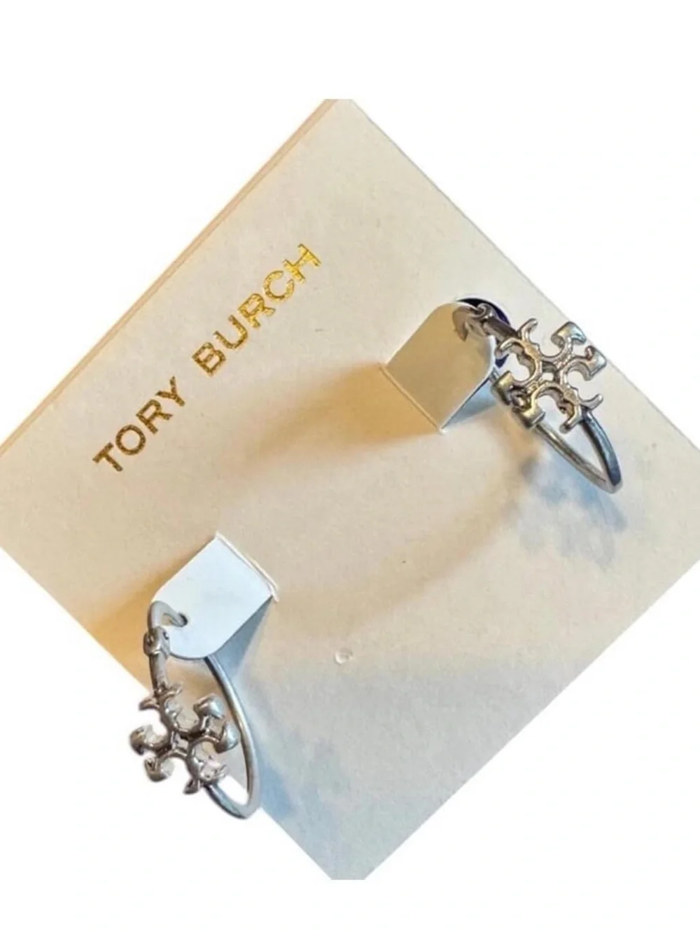 Tory Burch Silver Double T Logo Hoop Earrings NWT w Card
